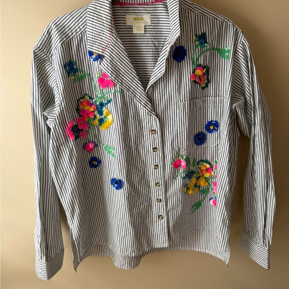 Anthropologie Maeve Floral Sequin Striped Cotton Button-down Shirt - 00 - Picture 2 of 7